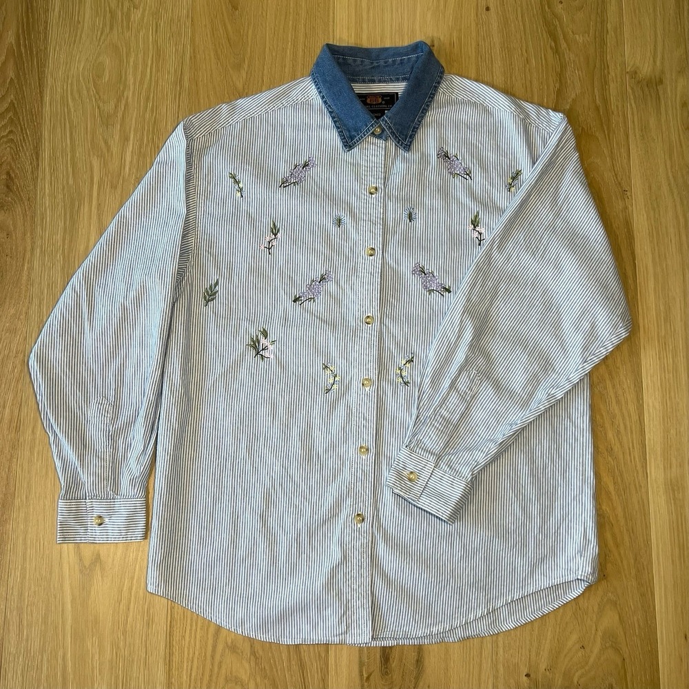 Vintage Route 66 Women's Small Floral Embroidered Button-Up Shirt Cottagecore